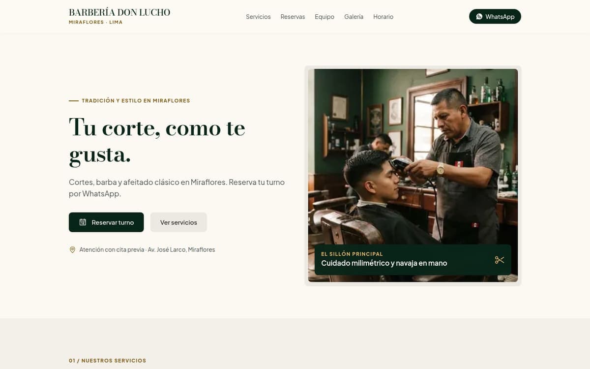 Diseño de ejemplo "Barbería Don Lucho" en una laptop