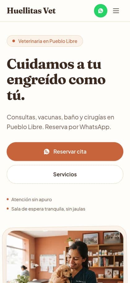 Diseño de ejemplo "Huellitas Vet" en un celular