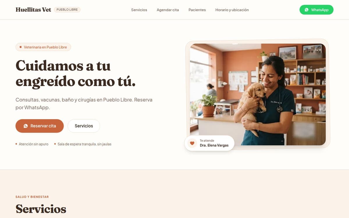 Diseño de ejemplo "Huellitas Vet" en una laptop