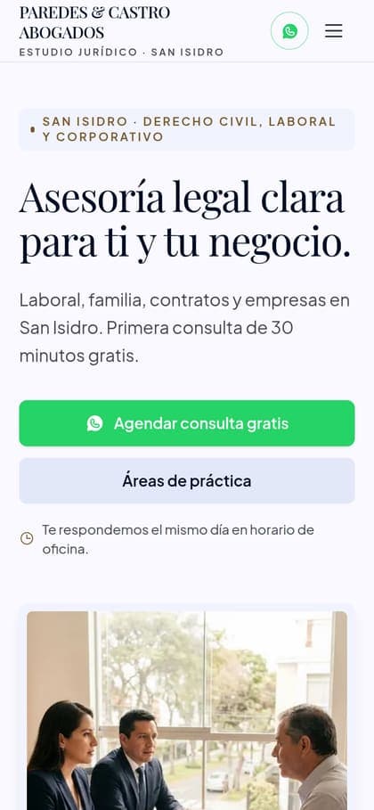 Diseño de ejemplo "Paredes & Castro" en un celular