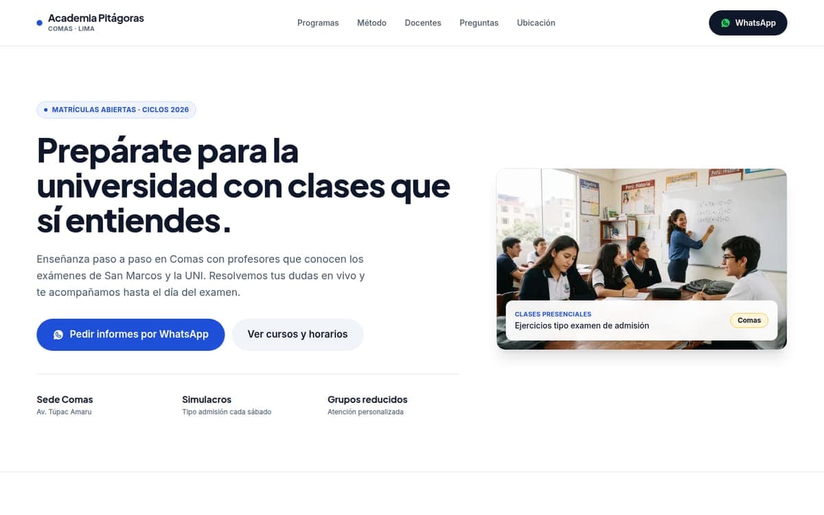 Diseño de ejemplo "Academia Pitágoras" en una laptop