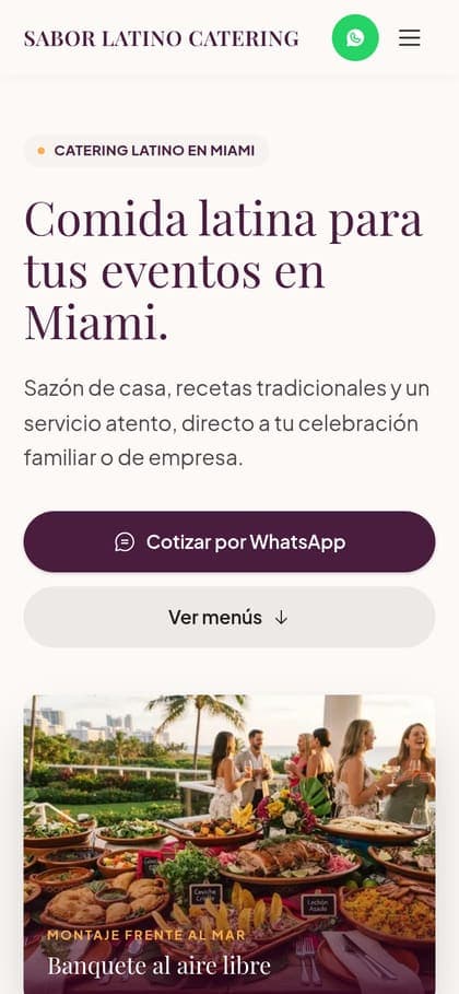 Diseño de ejemplo "Sabor Latino Catering" en un celular