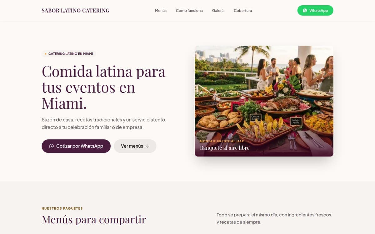 Diseño de ejemplo "Sabor Latino Catering" en una laptop