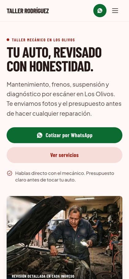 Diseño de ejemplo "Taller Rodríguez" en un celular